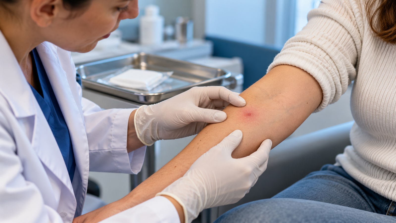 Profissional avalia uma pequena área inflamada no antebraço de uma paciente.