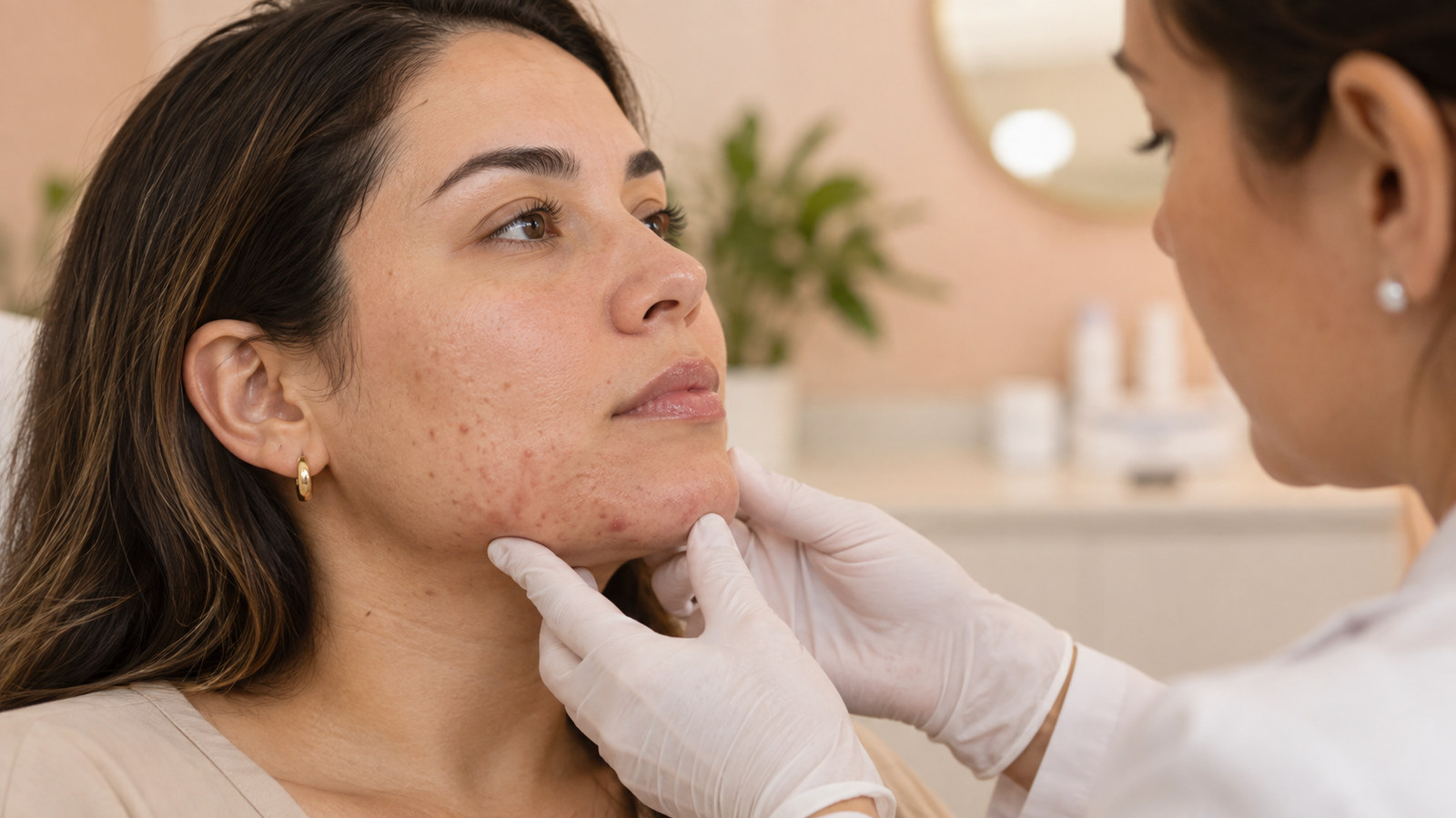 Dermatologista avalia pequenas lesões de acne no queixo de uma mulher adulta.