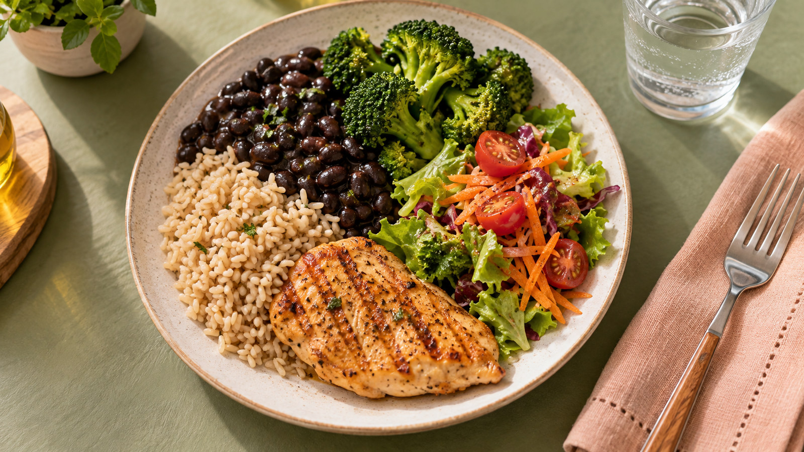 Refeição equilibrada com legumes, grãos e proteína em uma mesa clara.