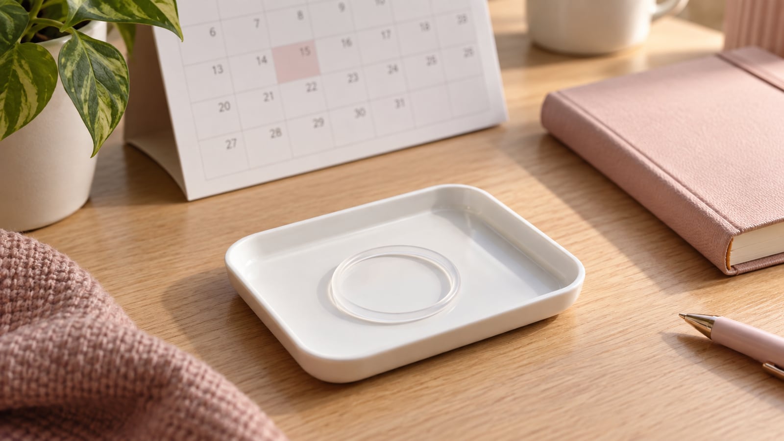 Anel contraceptivo transparente sobre uma bandeja, ao lado de um calendário e de um caderno.