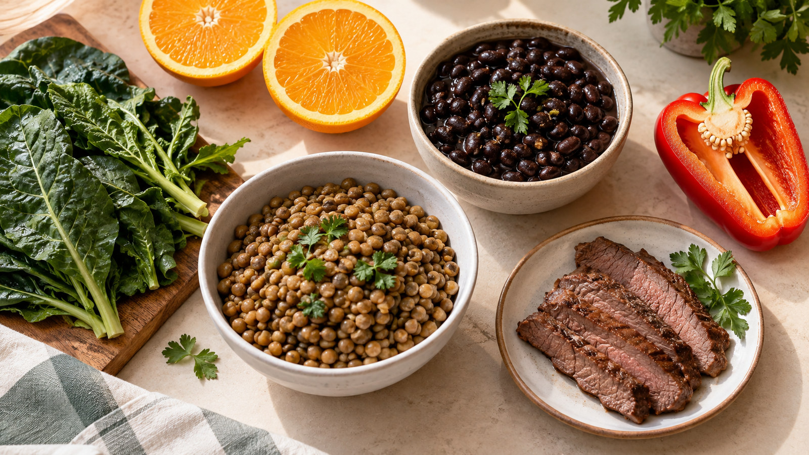 Lentilhas, feijão, folhas verdes, carne e frutas cítricas em uma composição de alimentos.