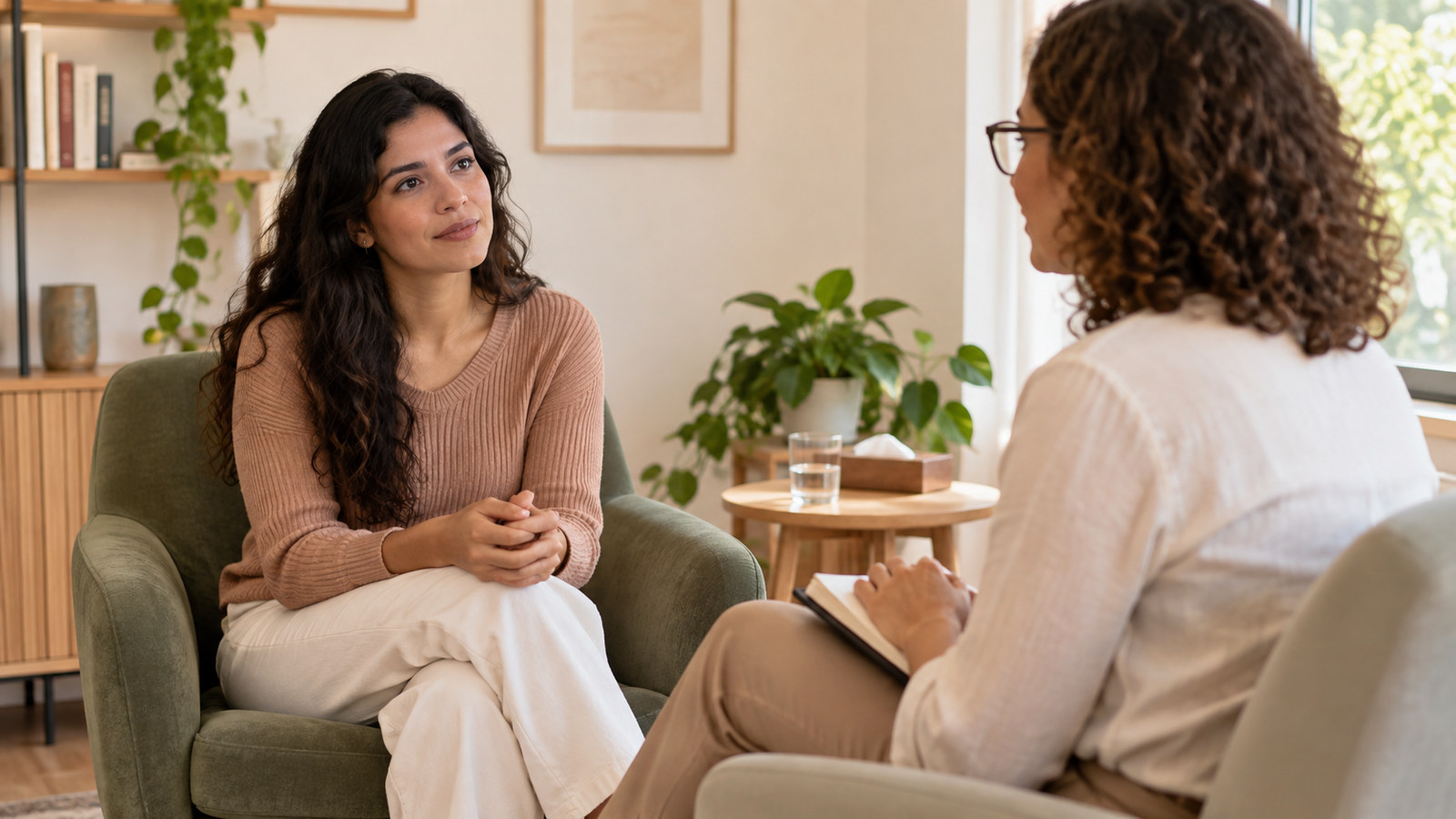 Mulher conversa com uma psicóloga sobre suas preocupações.