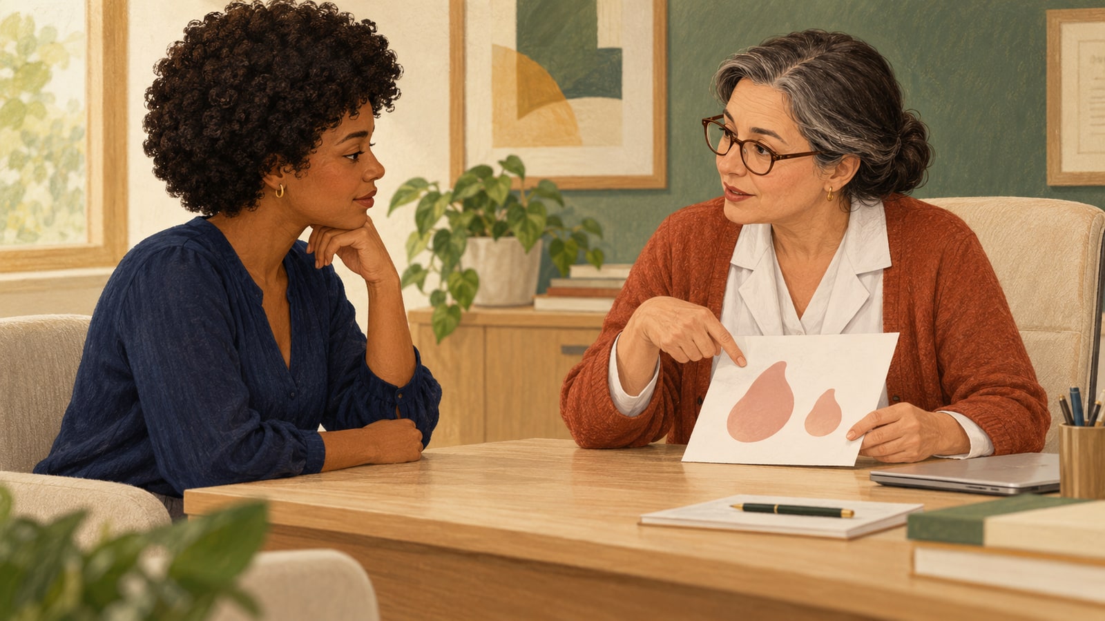 Ilustração de conversa sobre variações anatômicas e avaliação individual com a ginecologista.