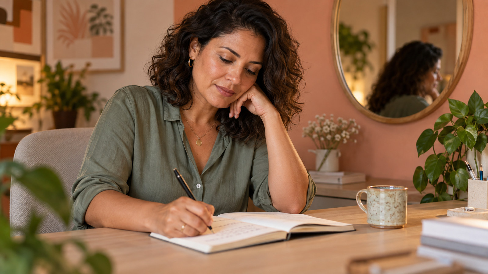 Mulher registra reflexões em um caderno durante um momento tranquilo.