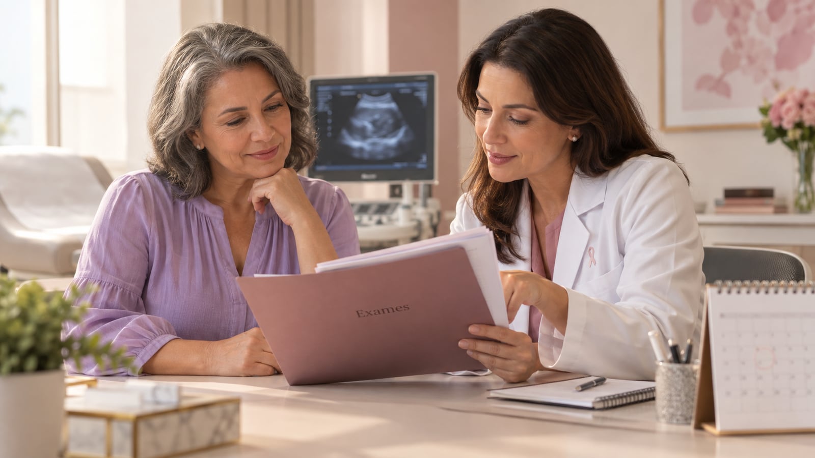 Paciente e médica analisam exames das mamas e organizam o acompanhamento.