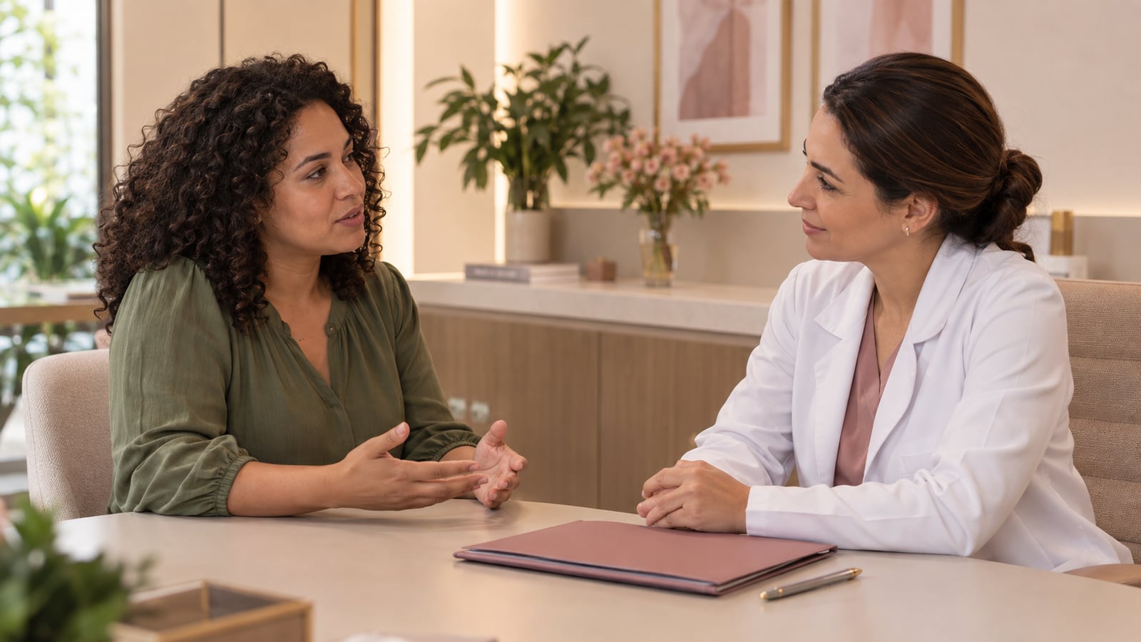 Paciente e médica conversam com calma sobre expectativas, alternativas e decisão sobre cirurgia.