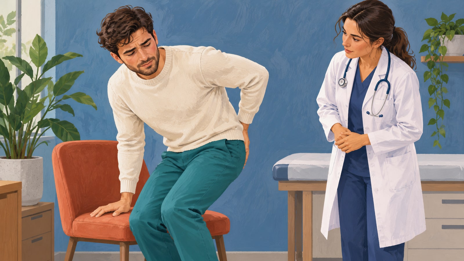 Ilustração de pessoa com desconforto ao sentar, tema abordado na avaliação do cisto pilonidal.