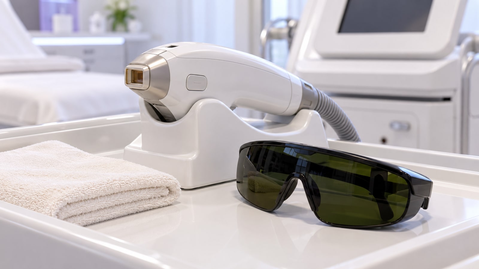 Ponteira de equipamento de laser e óculos de proteção em ambiente clínico.