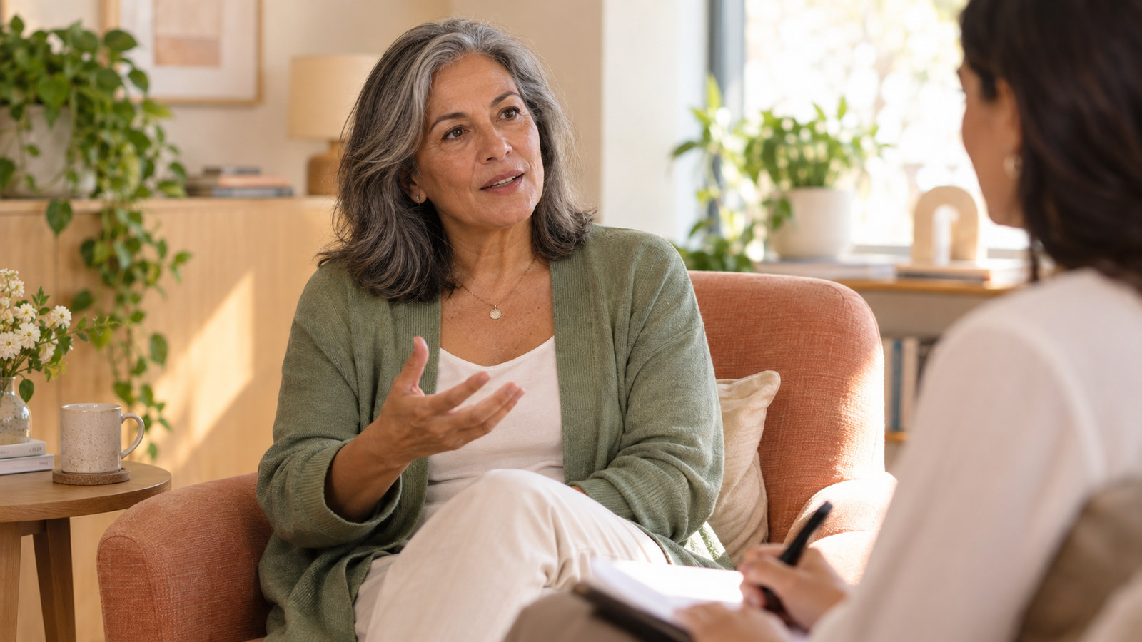 Mulher madura conversa com uma profissional em um ambiente acolhedor.