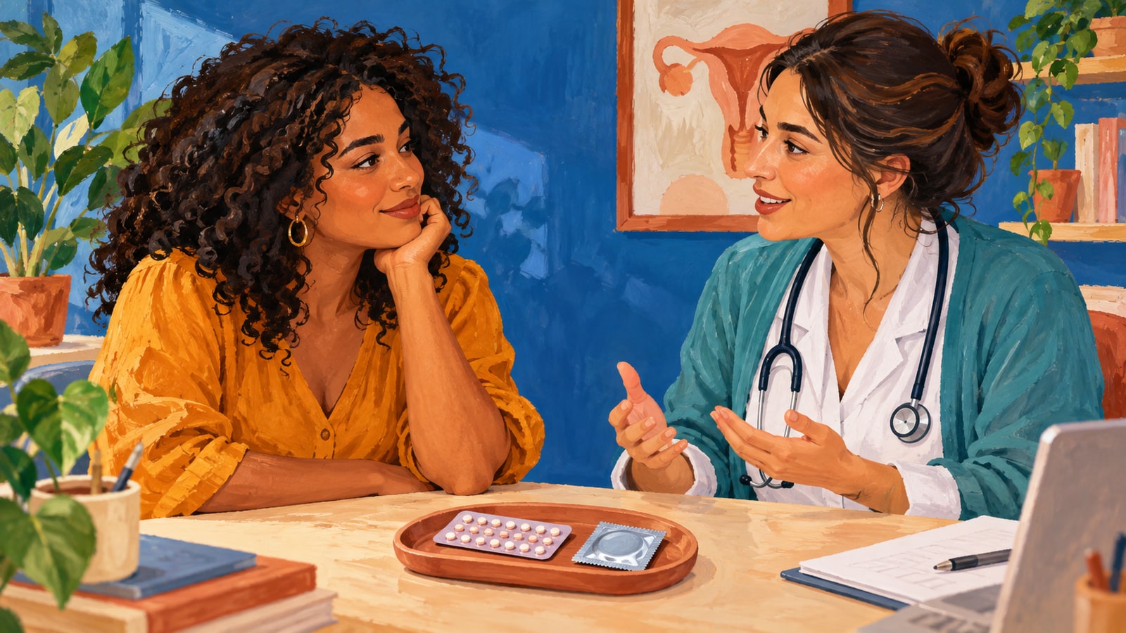 Desenho de conversa entre paciente e ginecologista sobre escolhas contraceptivas.