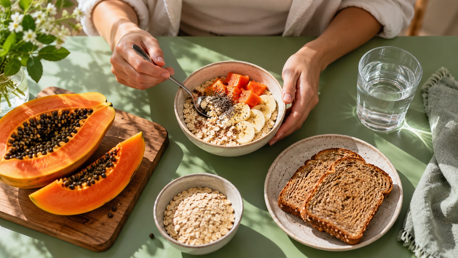 Copo de água, aveia, mamão e alimentos ricos em fibras sobre uma mesa.