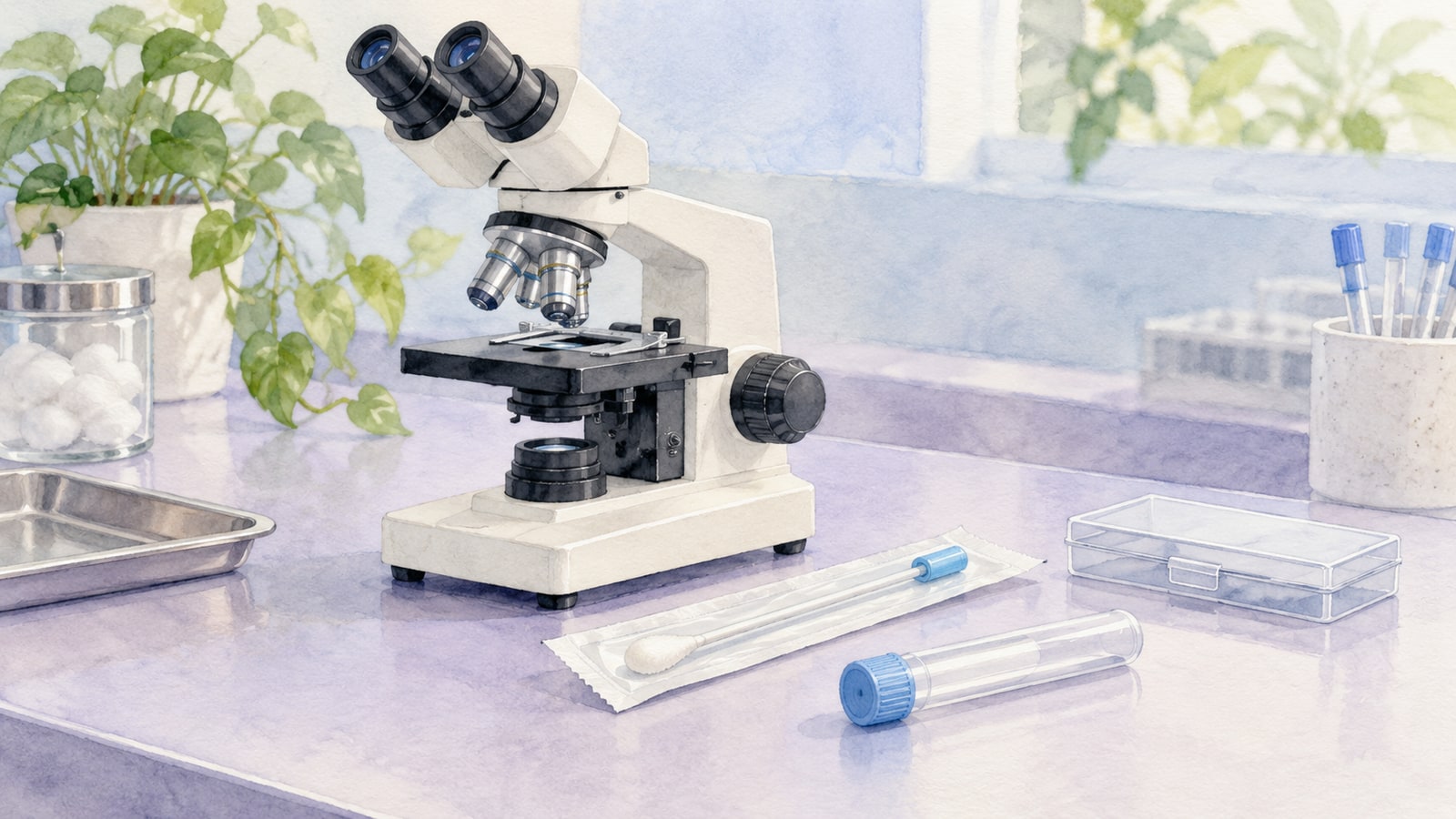 Ilustração de microscópio e material fechado de coleta para investigação clínica.