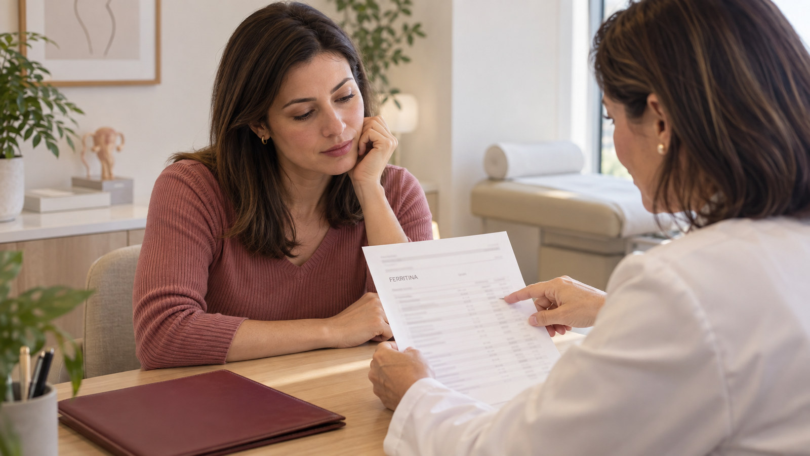 Mulher conversa com uma médica sobre cansaço enquanto ambas avaliam exames de sangue em uma consulta.