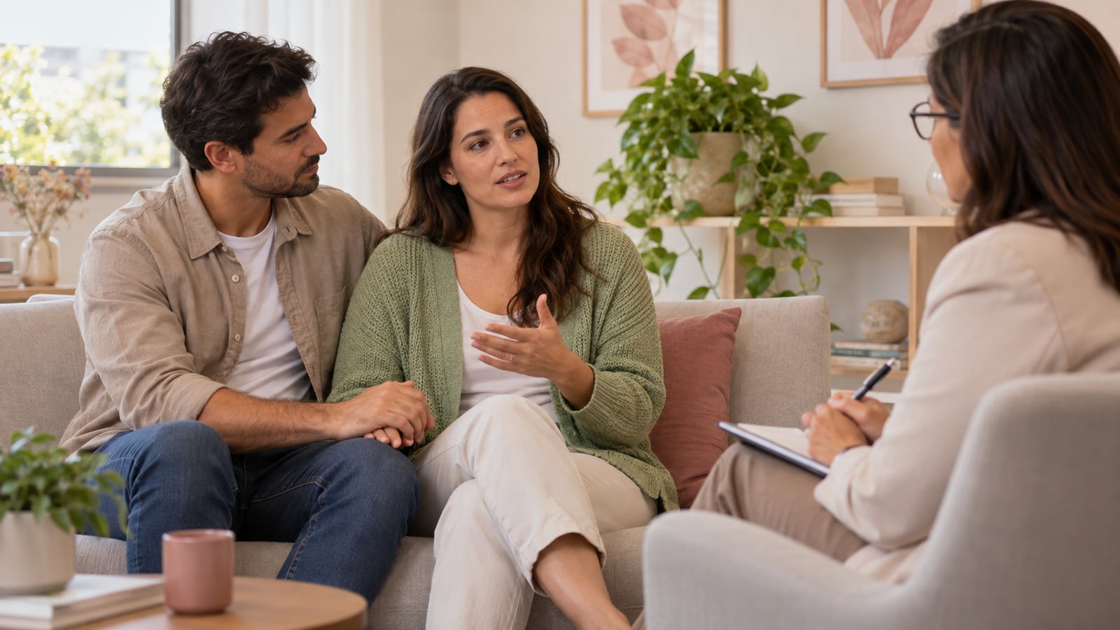 Mulher, acompanhada de sua parceria, conversa com uma profissional sobre dor e bem-estar.