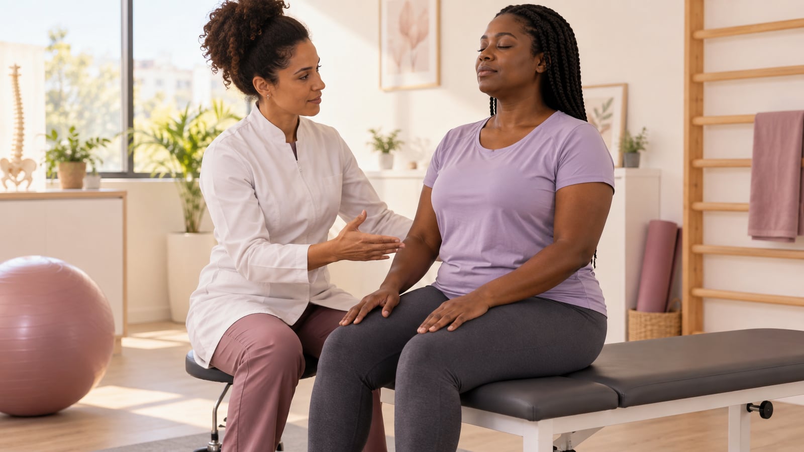 Fisioterapeuta orienta uma mulher em exercício de consciência corporal e respiração.