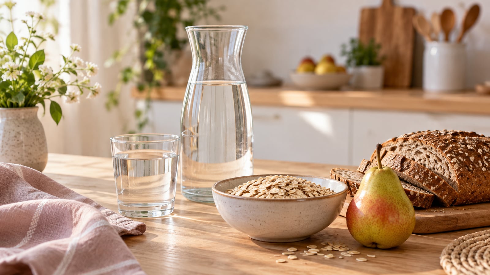 Água, aveia, pera e pão integral representam hidratação e fibras na rotina alimentar.