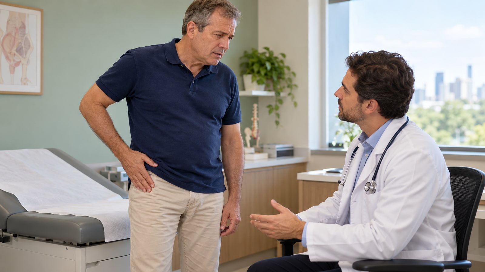 Homem conversa com médico sobre desconforto na região da virilha.