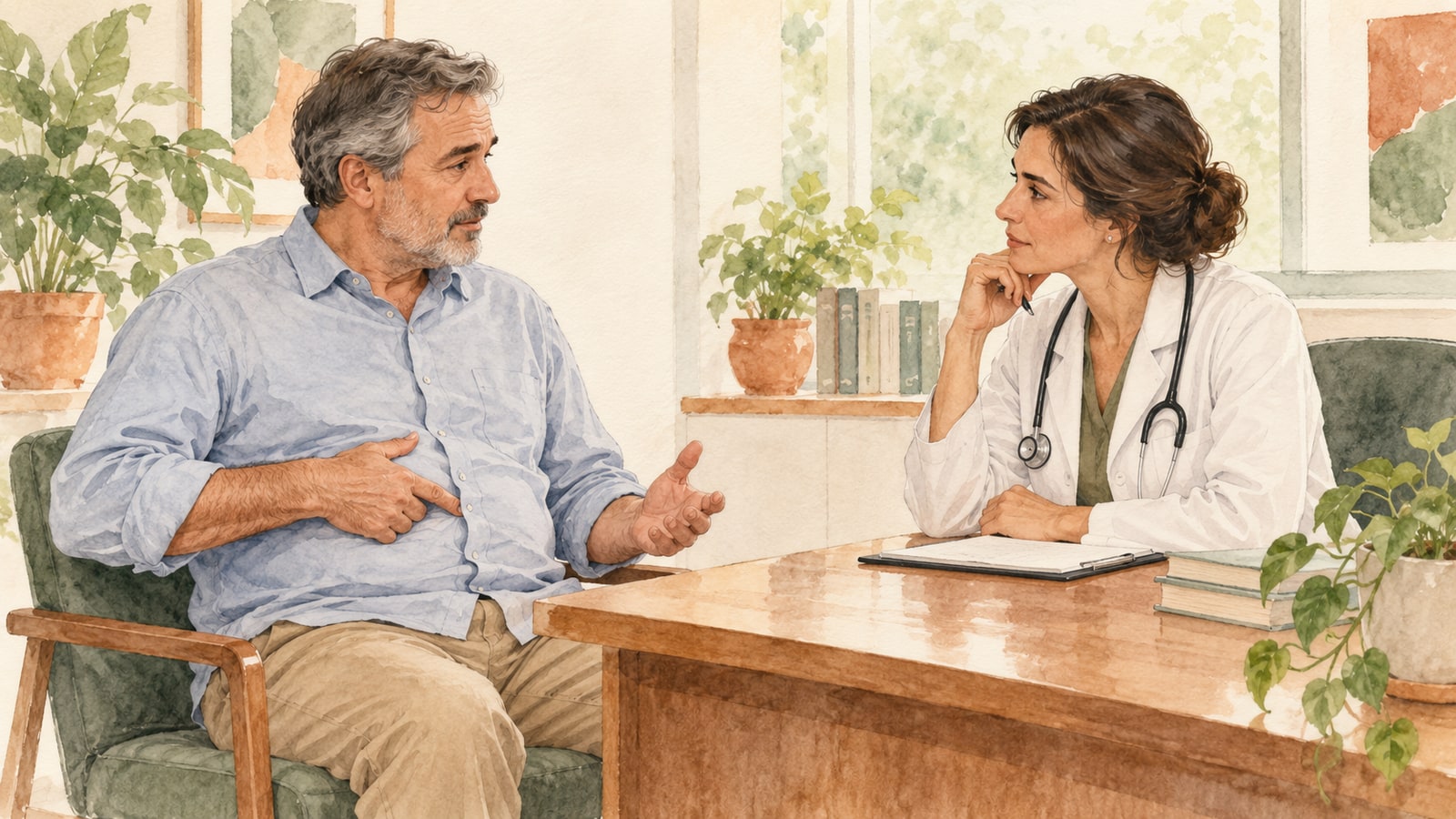 Ilustração delicada de homem conversando com médica sobre desconforto na região do umbigo.
