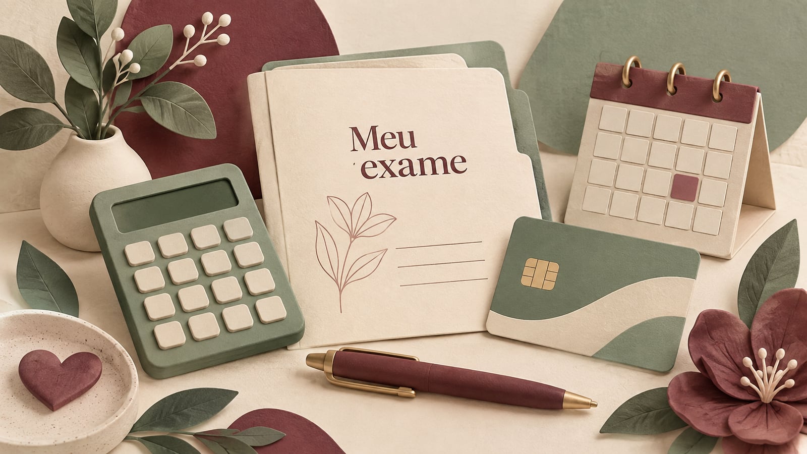 Ilustração de pasta de exame, calculadora e calendário para planejar custos e atendimento.