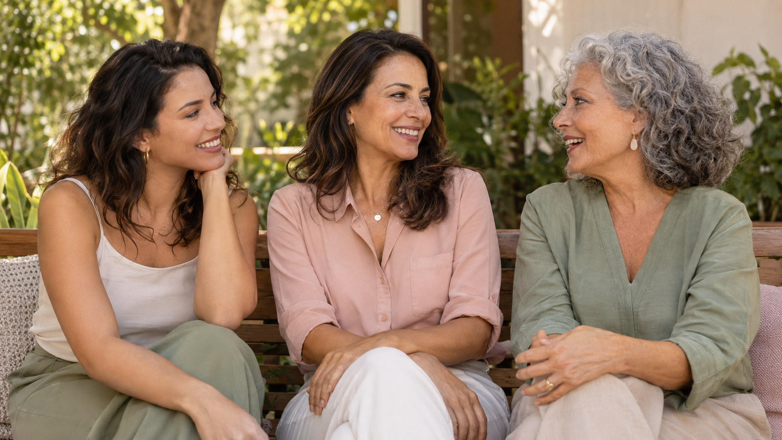 Três mulheres adultas de diferentes idades conversam em um jardim.
