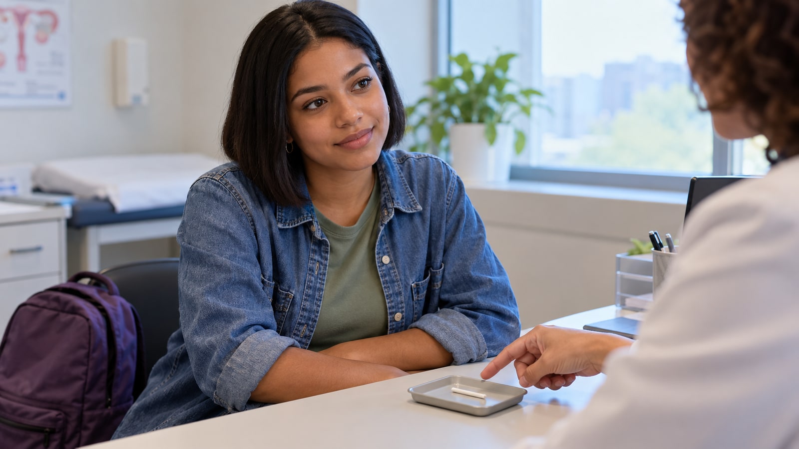 Jovem adulta conversa com médica sobre o implante contraceptivo.