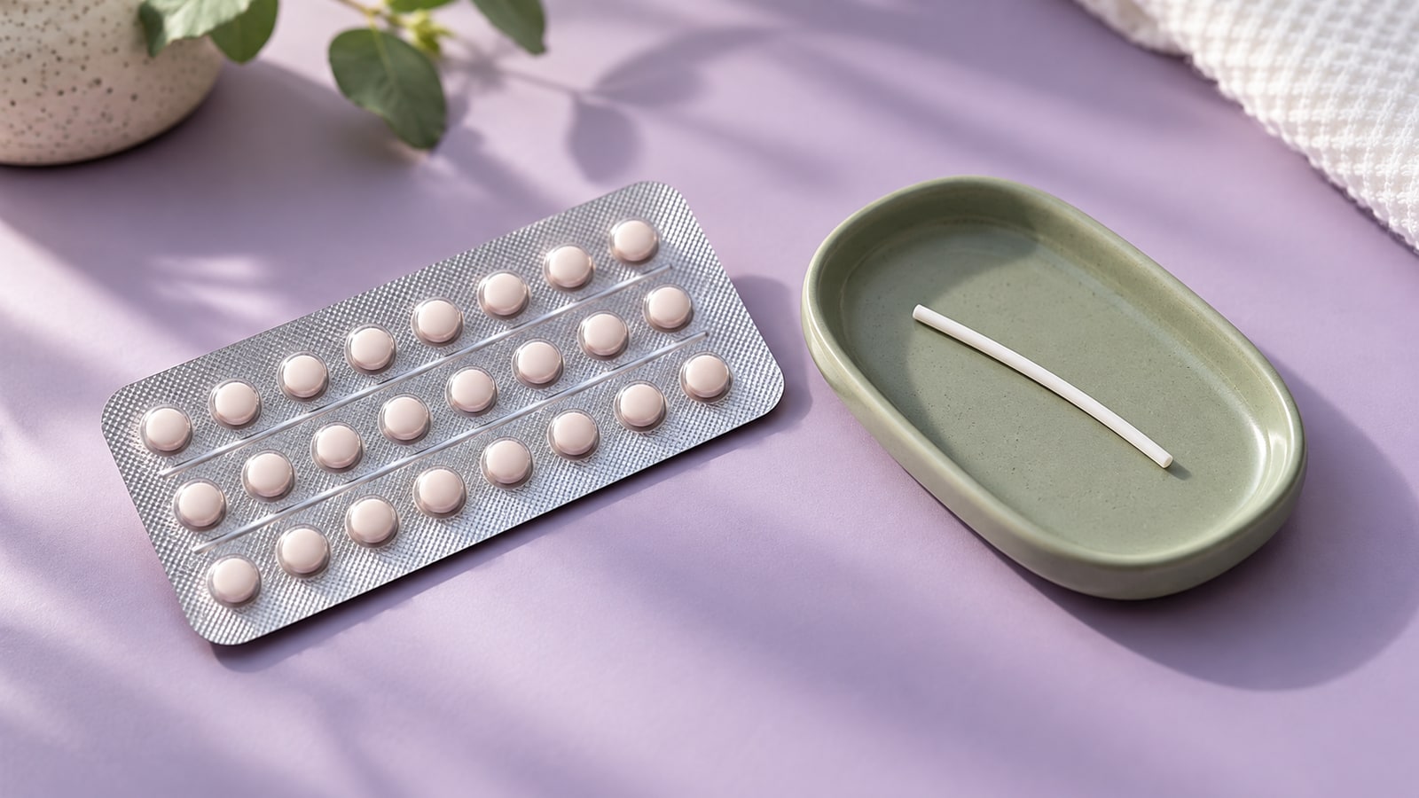 Cartela de comprimidos e modelo de haste contraceptiva para conversa sobre os métodos.