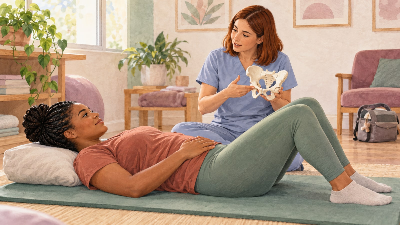 Ilustração de mulher no pós-parto recebendo orientação de uma fisioterapeuta sobre o assoalho pélvico.