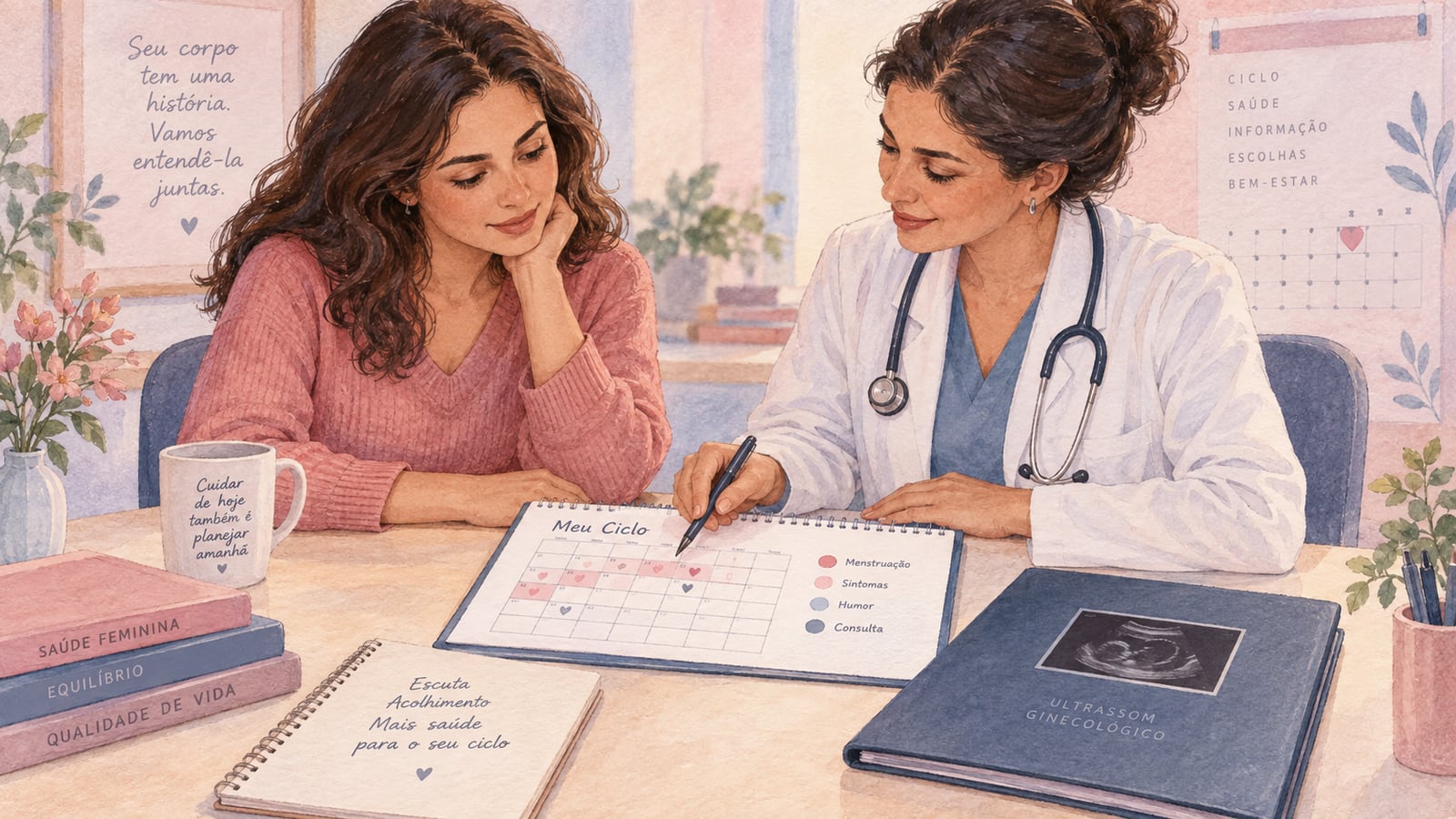 Ilustração de paciente e ginecologista revisando o ciclo e exames após uma cesárea.