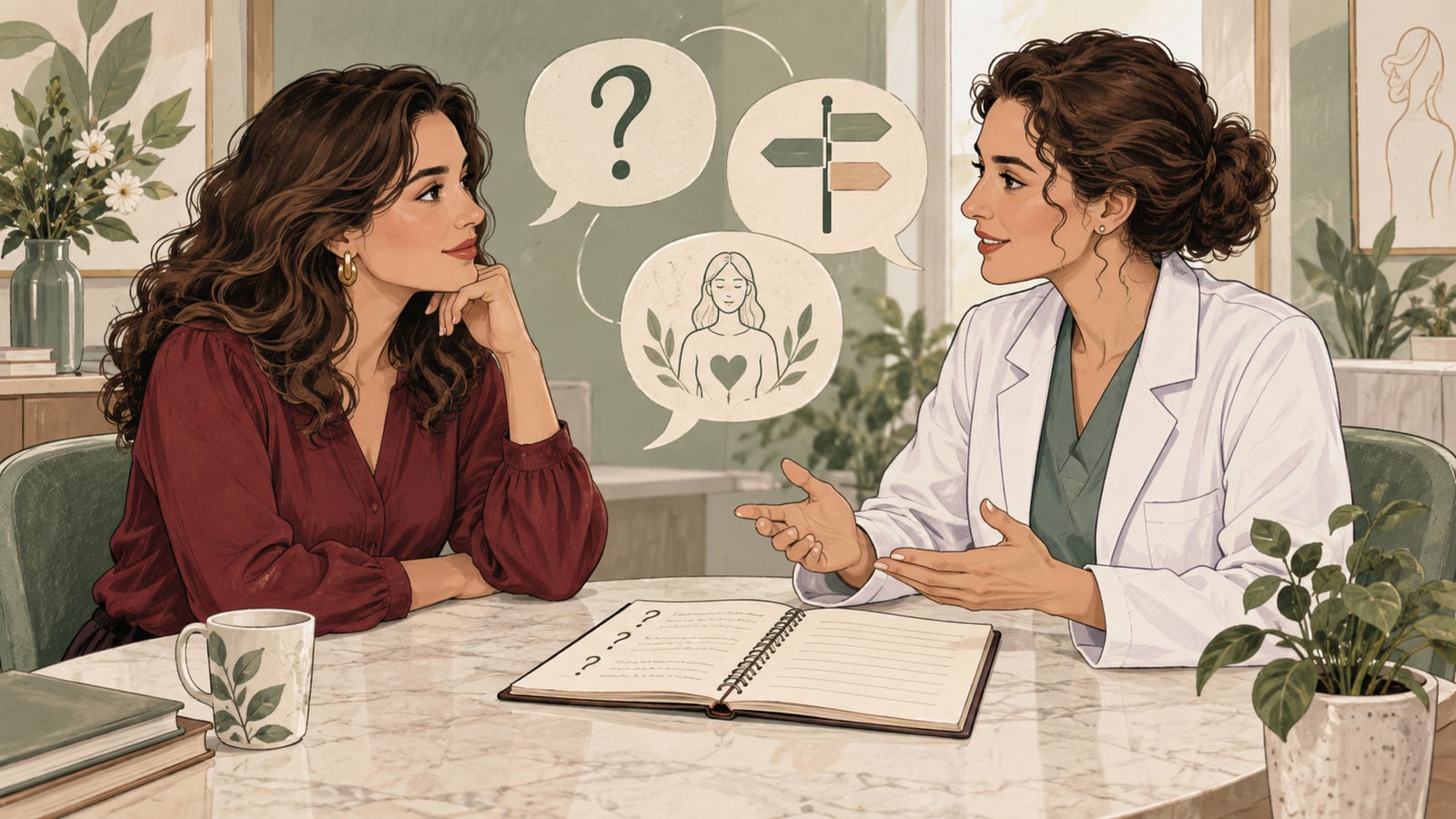 Desenho de uma consulta para esclarecer indicações, dúvidas e cuidados sobre a labioplastia.