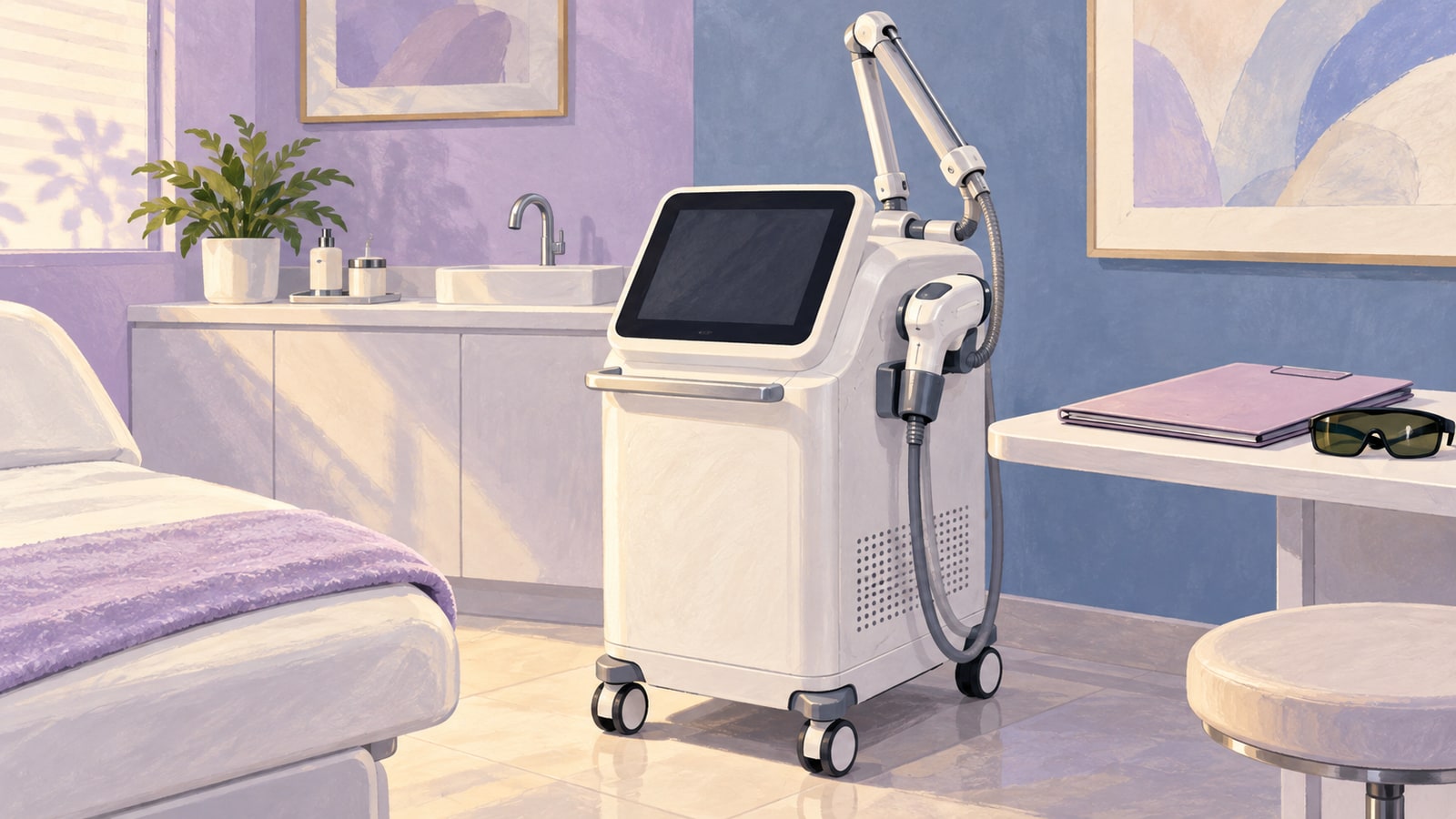Ilustração de equipamento de laser desligado e materiais de consulta em ambiente clínico.