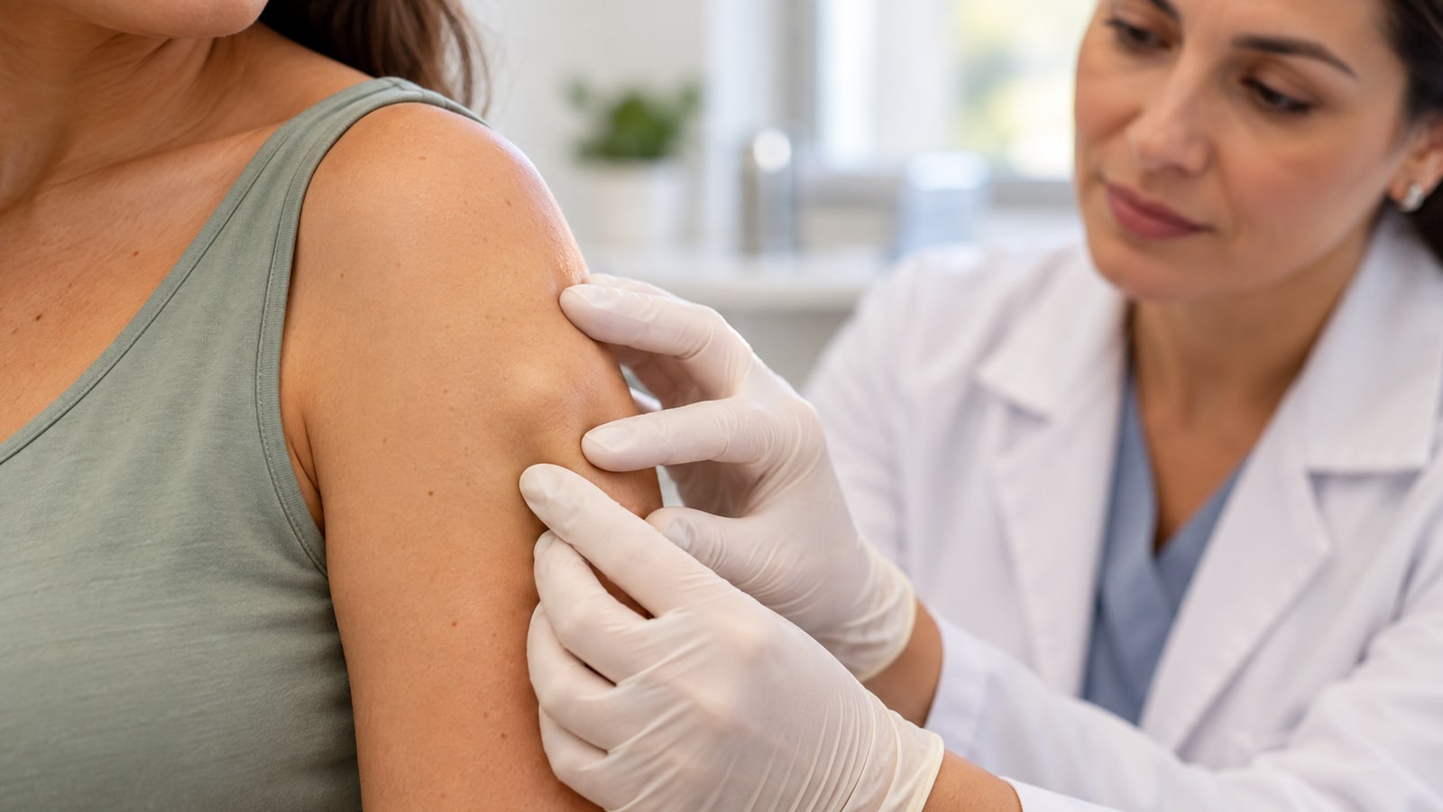 Médica examina discretamente um pequeno nódulo sob a pele do braço.
