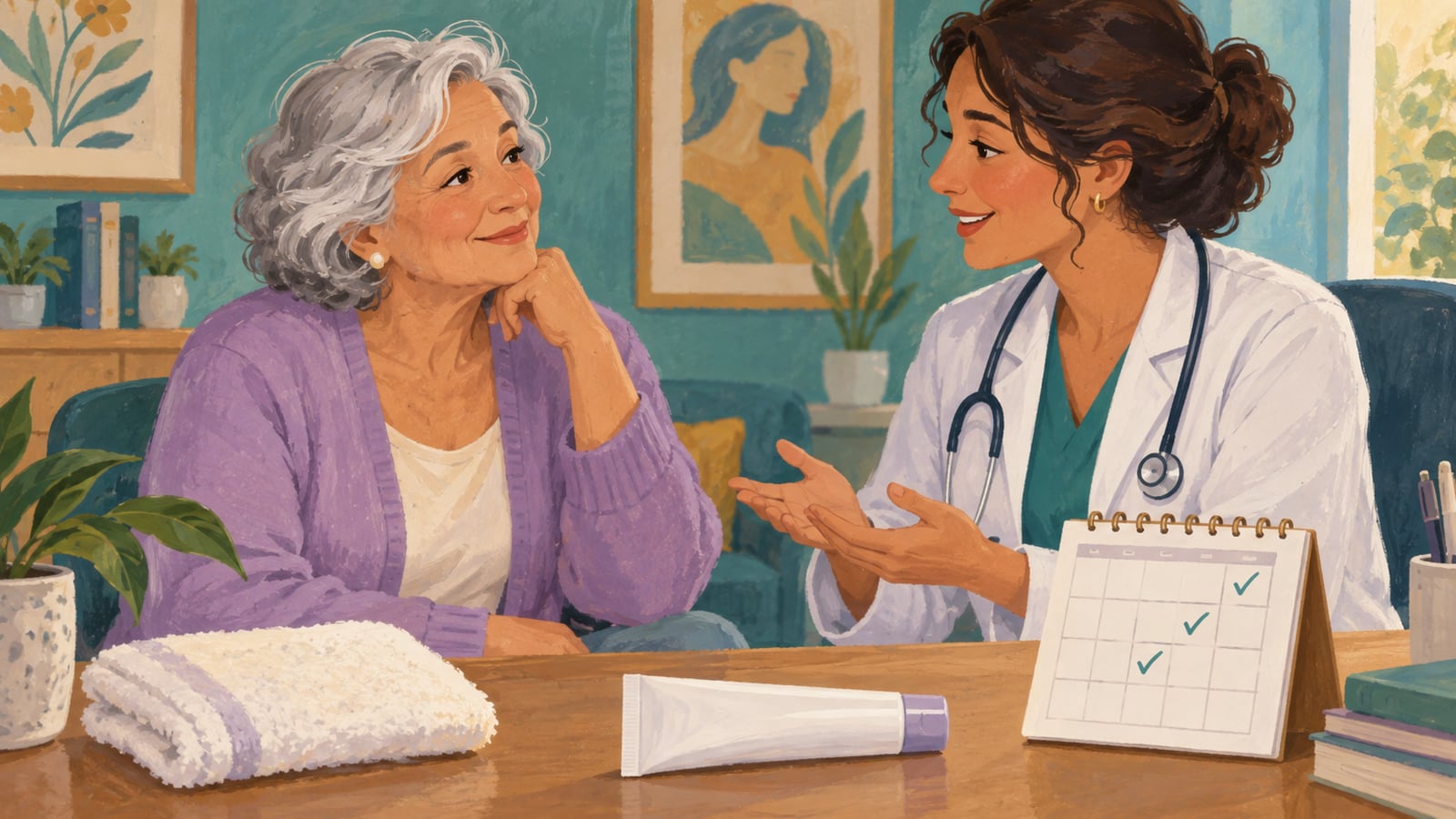 Ilustração de acompanhamento médico e cuidados contínuos com uma condição da pele.