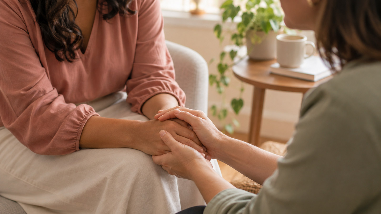 Duas pessoas dão as mãos em um gesto de acolhimento durante uma conversa.
