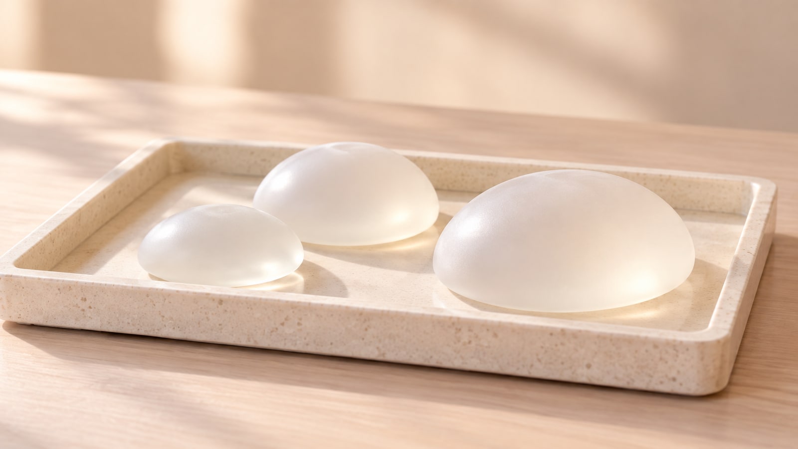 Próteses mamárias de silicone de diferentes tamanhos sobre uma bandeja clara.