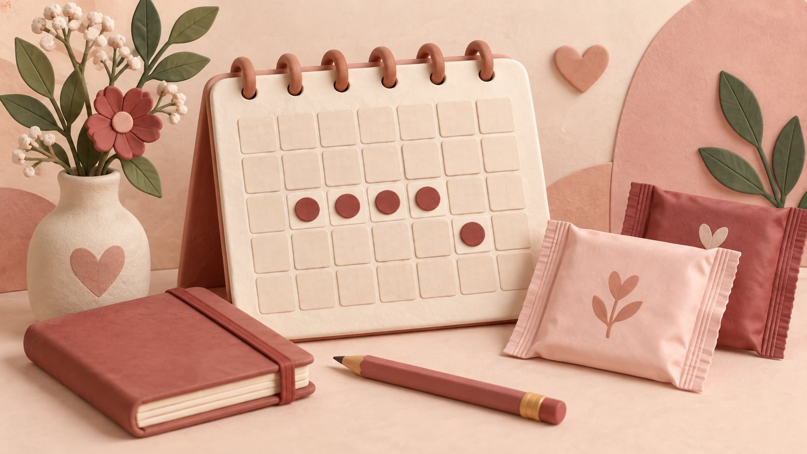 Ilustração de calendário menstrual, diário e absorventes fechados para acompanhar o fluxo.