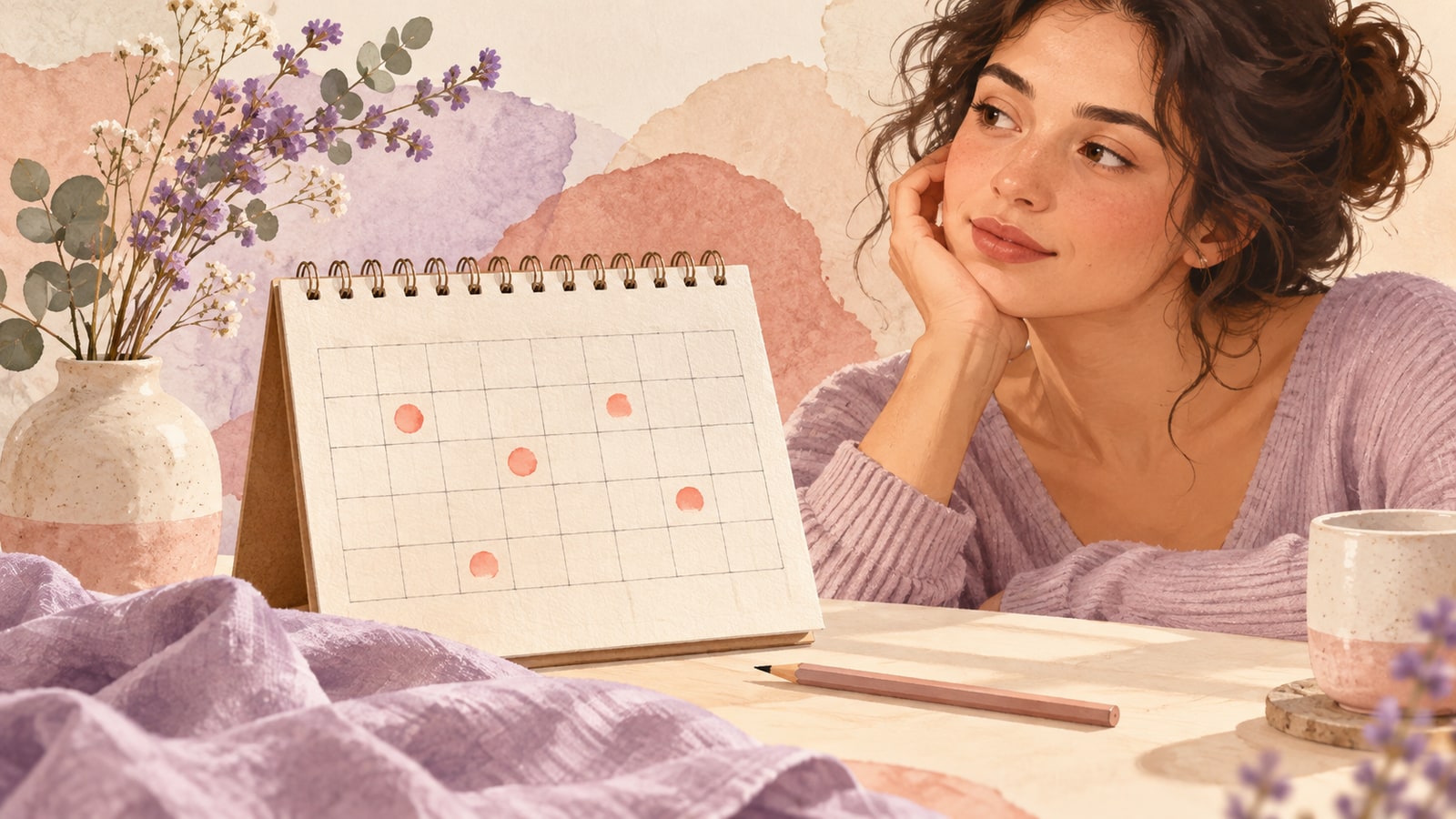 Ilustração delicada de calendário com marcações de ciclos menstruais irregulares.