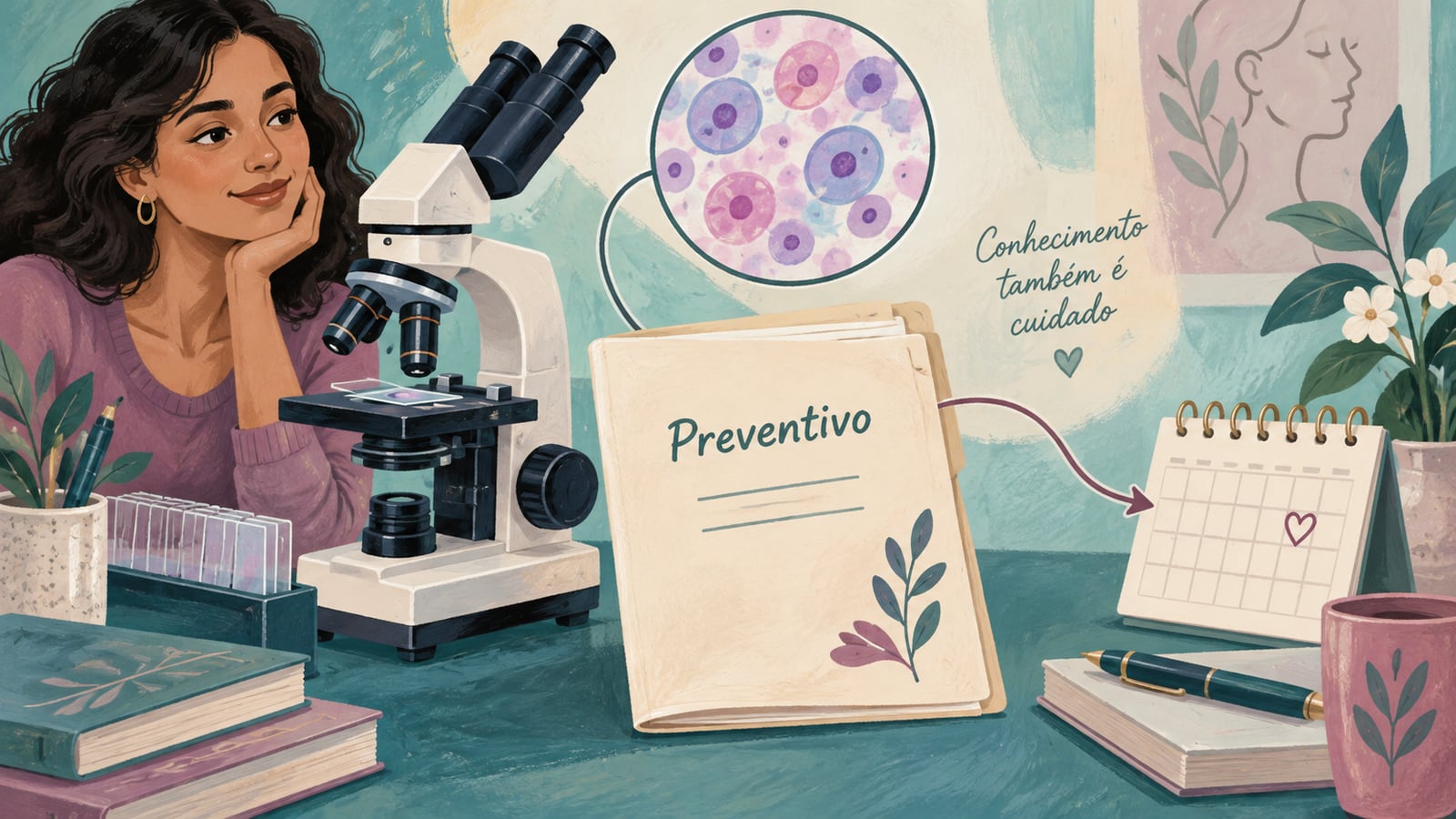 Ilustração de microscópio, pasta do preventivo e calendário de acompanhamento.