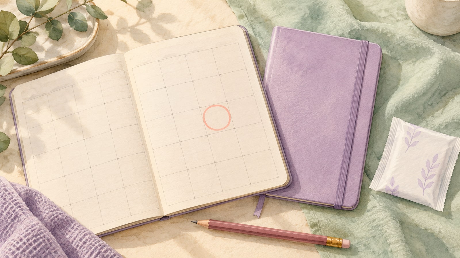 Aquarela de calendário, agenda e absorvente embalado para representar o planejamento da cirurgia.