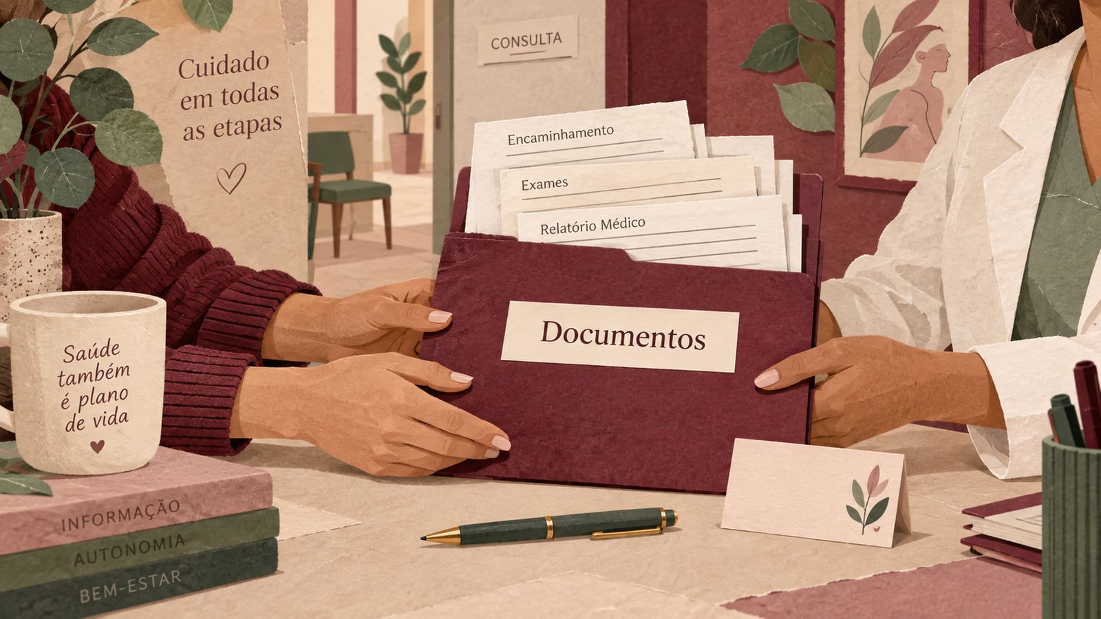 Colagem ilustrada de documentos e encaminhamento para solicitar avaliação e cobertura.