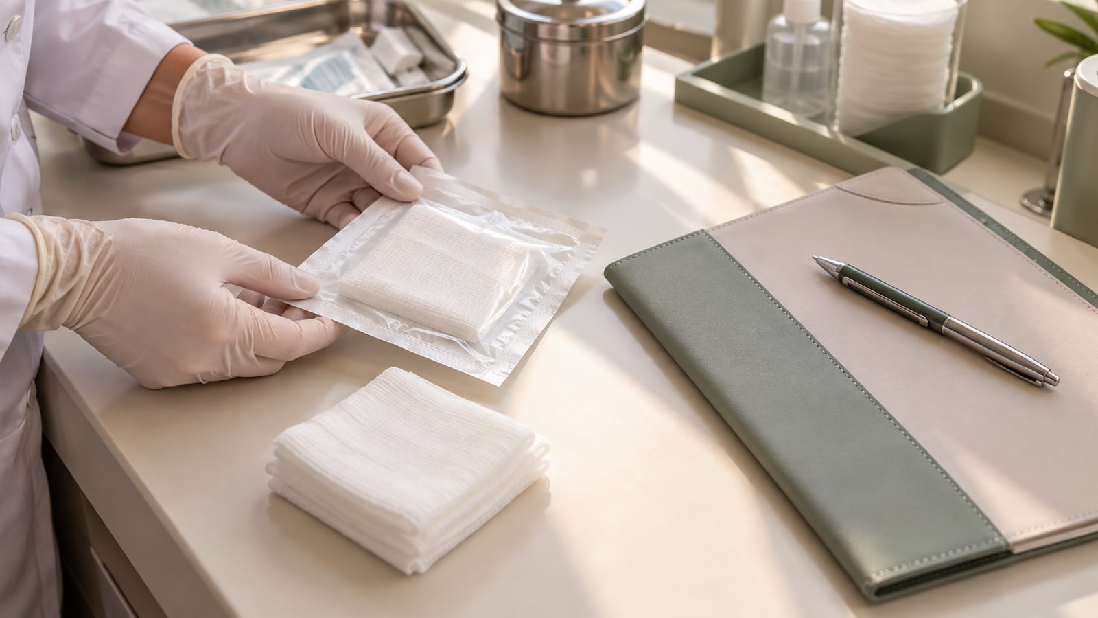 Materiais de cuidado pós-operatório e ficha de acompanhamento em uma mesa clínica.
