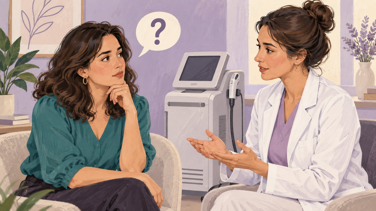 Ilustração de conversa médica sobre dúvidas e limites de tecnologias para tratamentos íntimos.