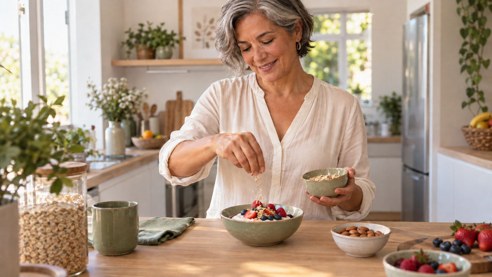Mulher madura prepara uma refeição com iogurte, frutas, aveia e oleaginosas.