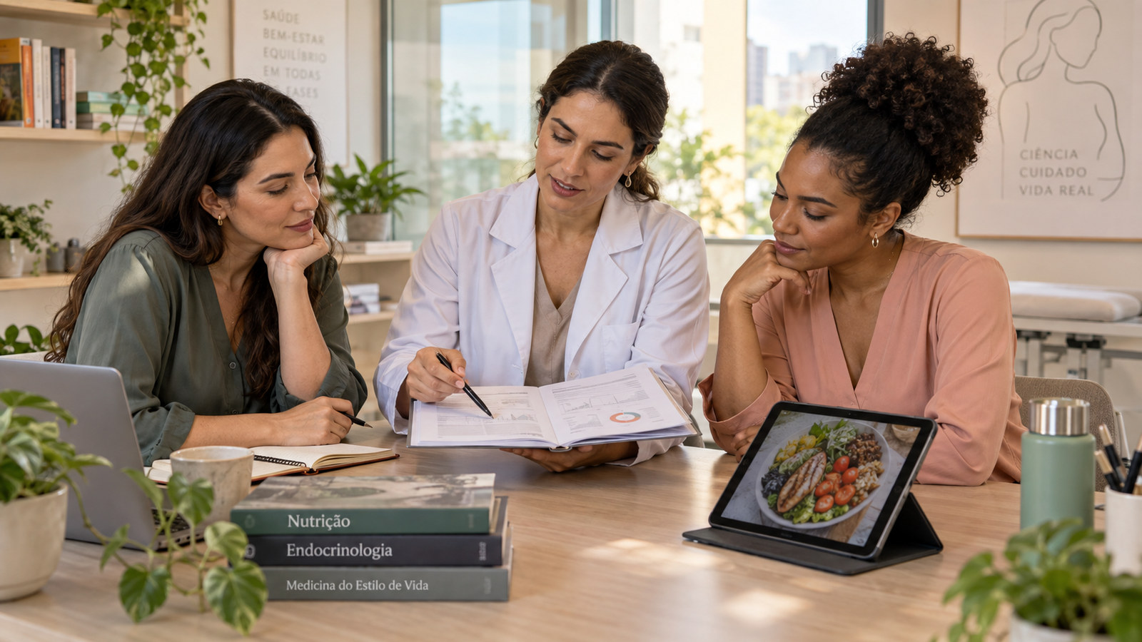 Profissionais conversam sobre exames e um plano de alimentação em uma mesa de consulta.