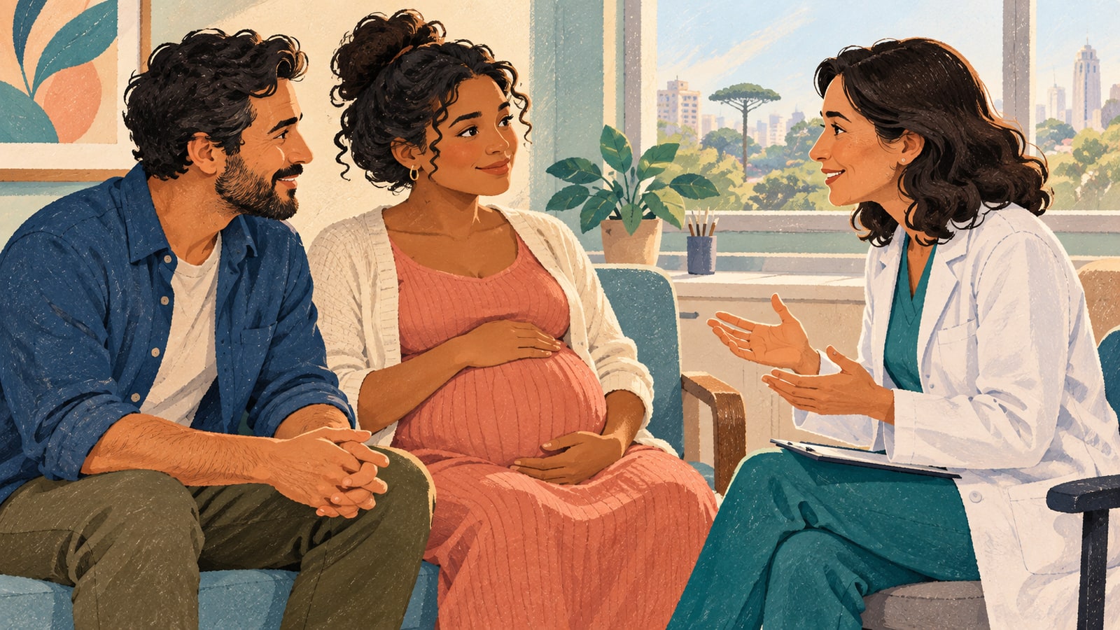 Desenho de gestante, acompanhante e obstetra conversando sobre as opções de parto.