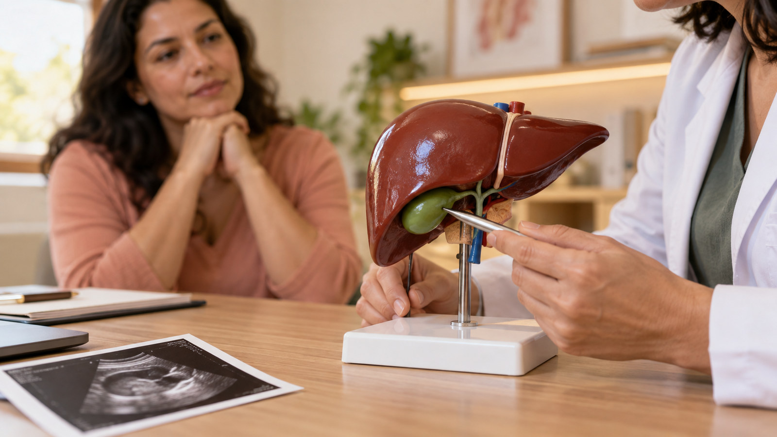 Médica explica a localização da vesícula biliar em um modelo anatômico durante uma consulta.