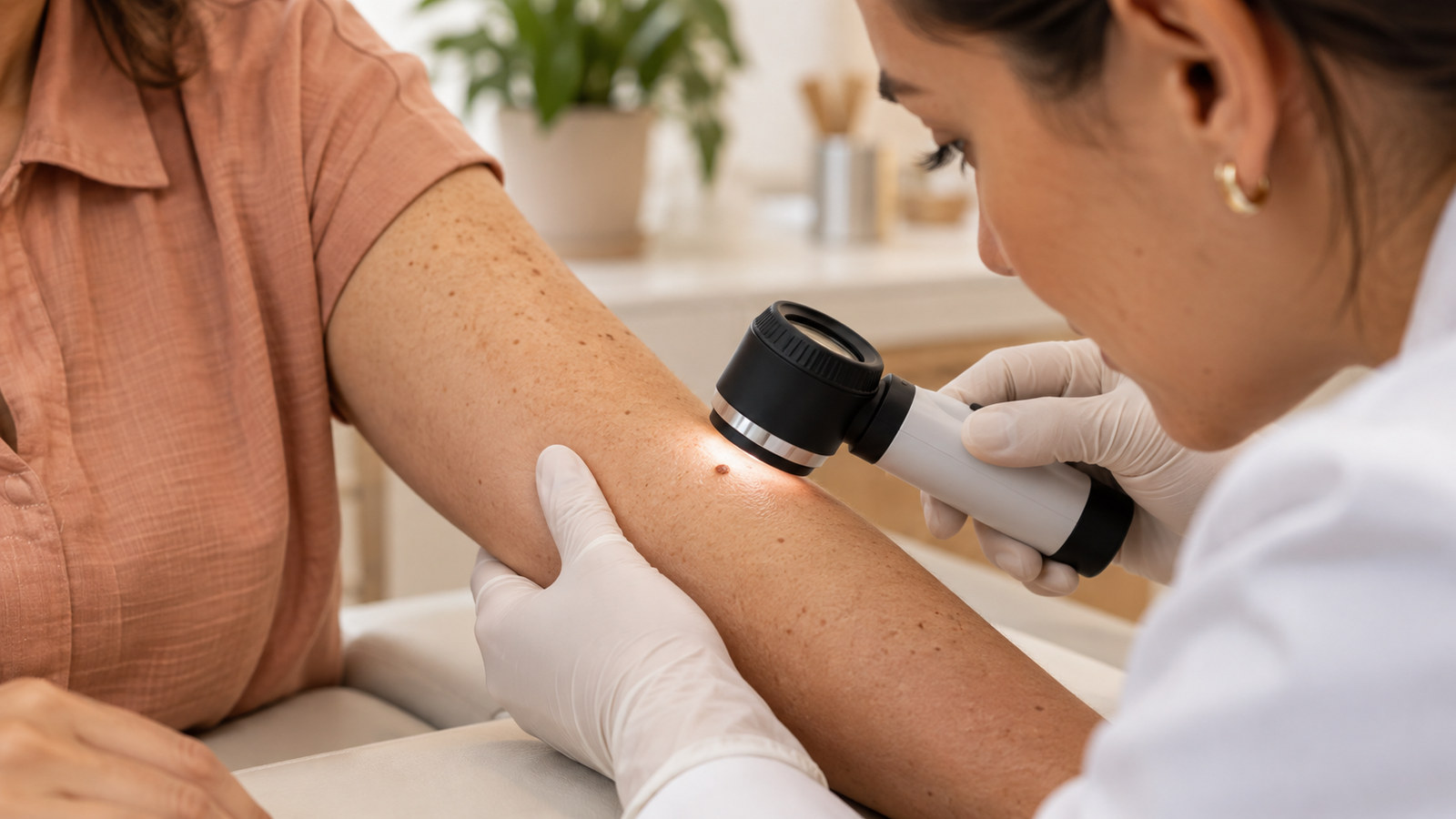 Dermatologista examina uma pinta no antebraço com um dermatoscópio.