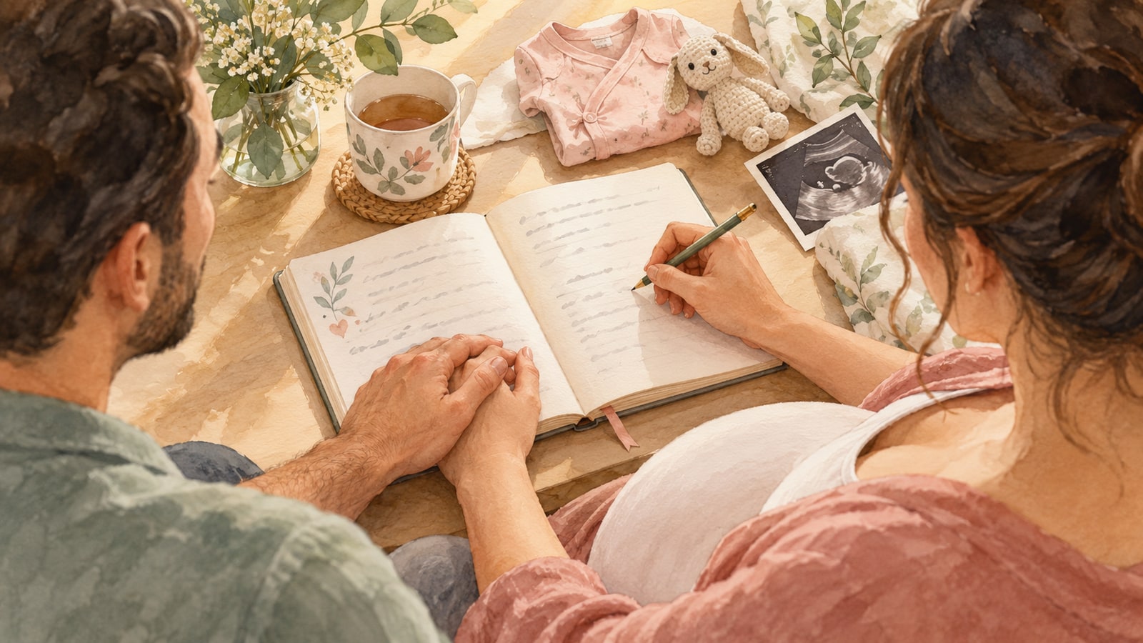 Aquarela de mãos escrevendo preferências para o parto em um caderno.
