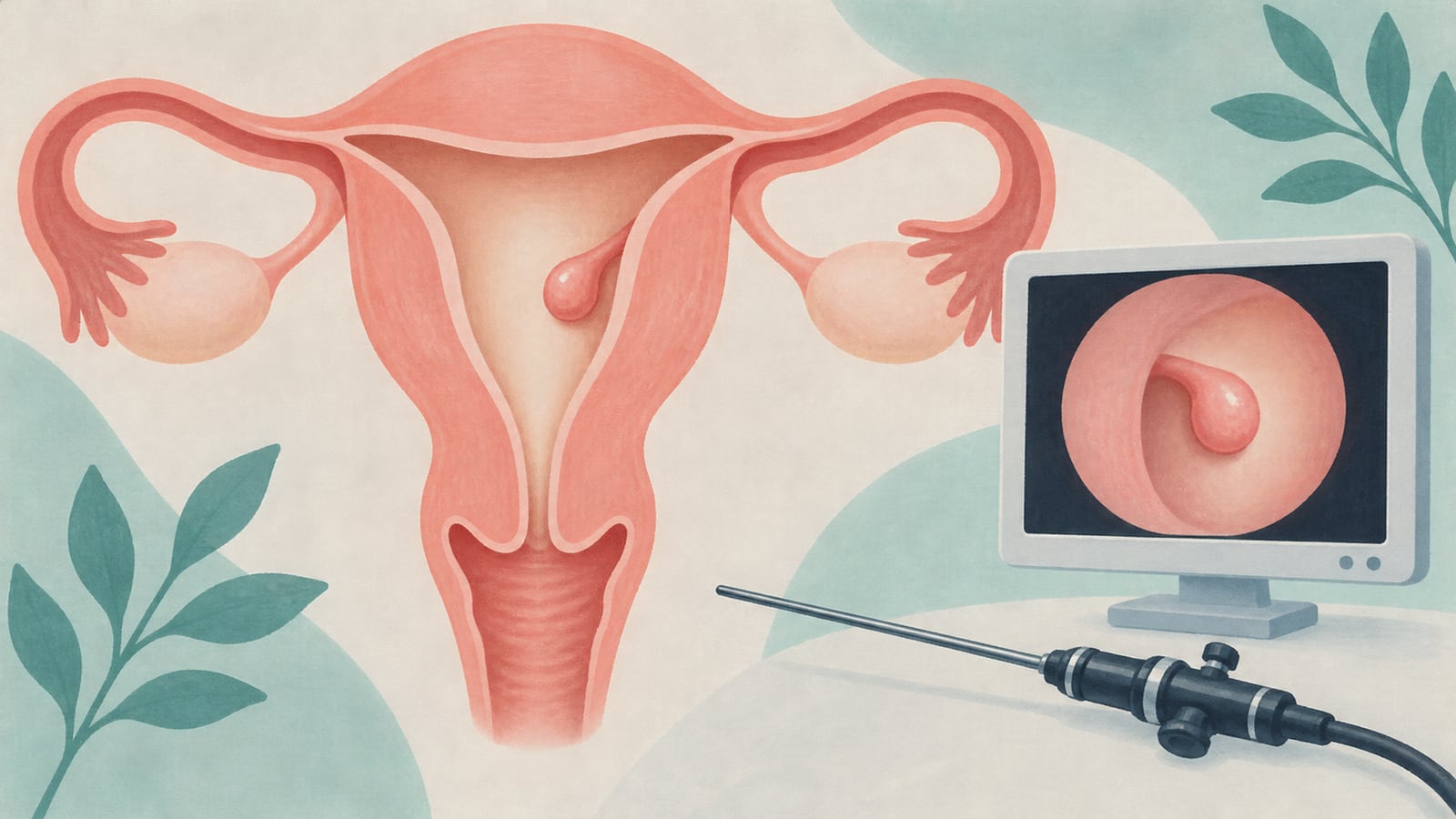 Ilustração esquemática de pólipo na cavidade uterina e equipamento de histeroscopia.