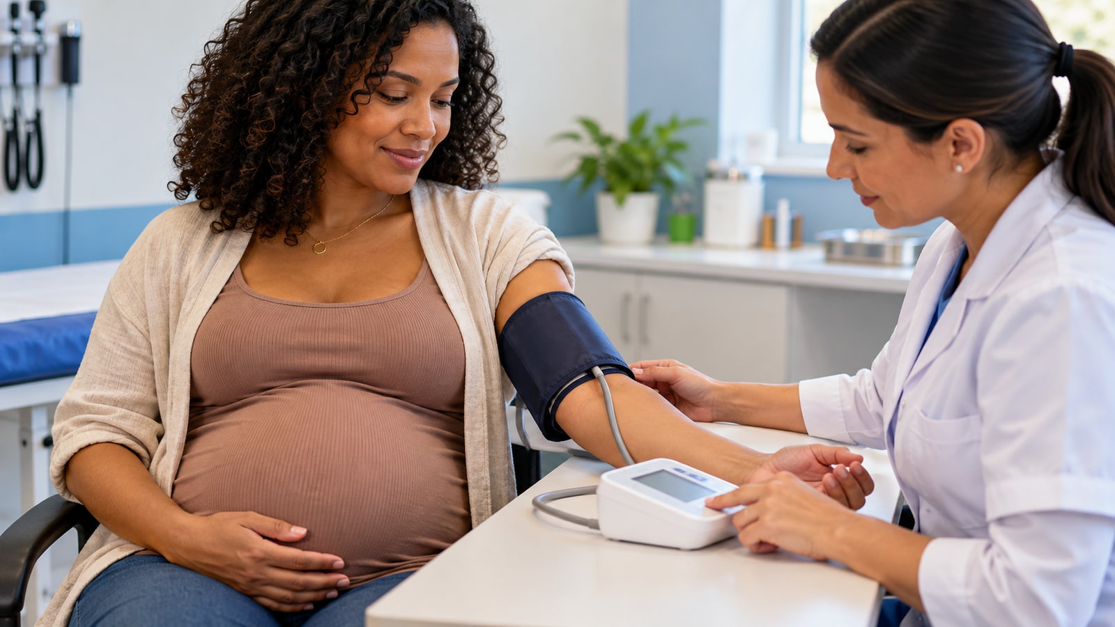Medição da pressão arterial de uma gestante durante o pré-natal.