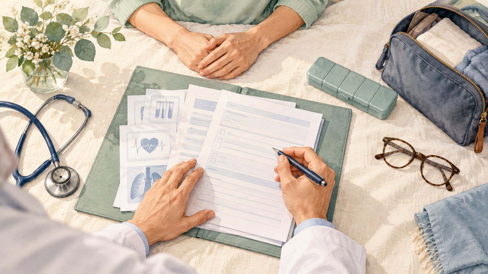 Composição delicada com exames, documentos e itens organizados para a consulta pré-operatória.